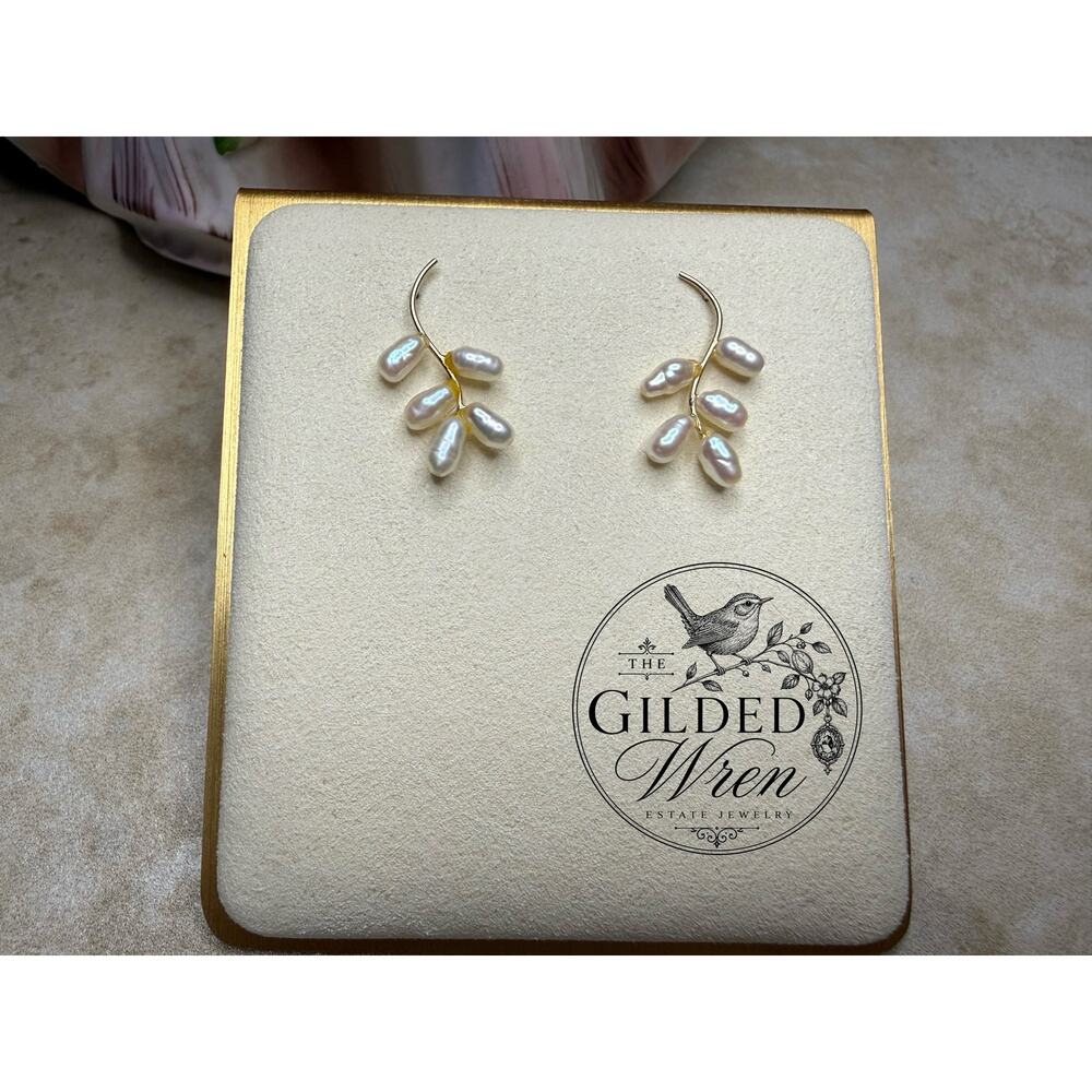 Vintage 14K Gold Freshwater Pearl Branch Dangle Earrings Organic Artisan Design - Picture 3 of 7